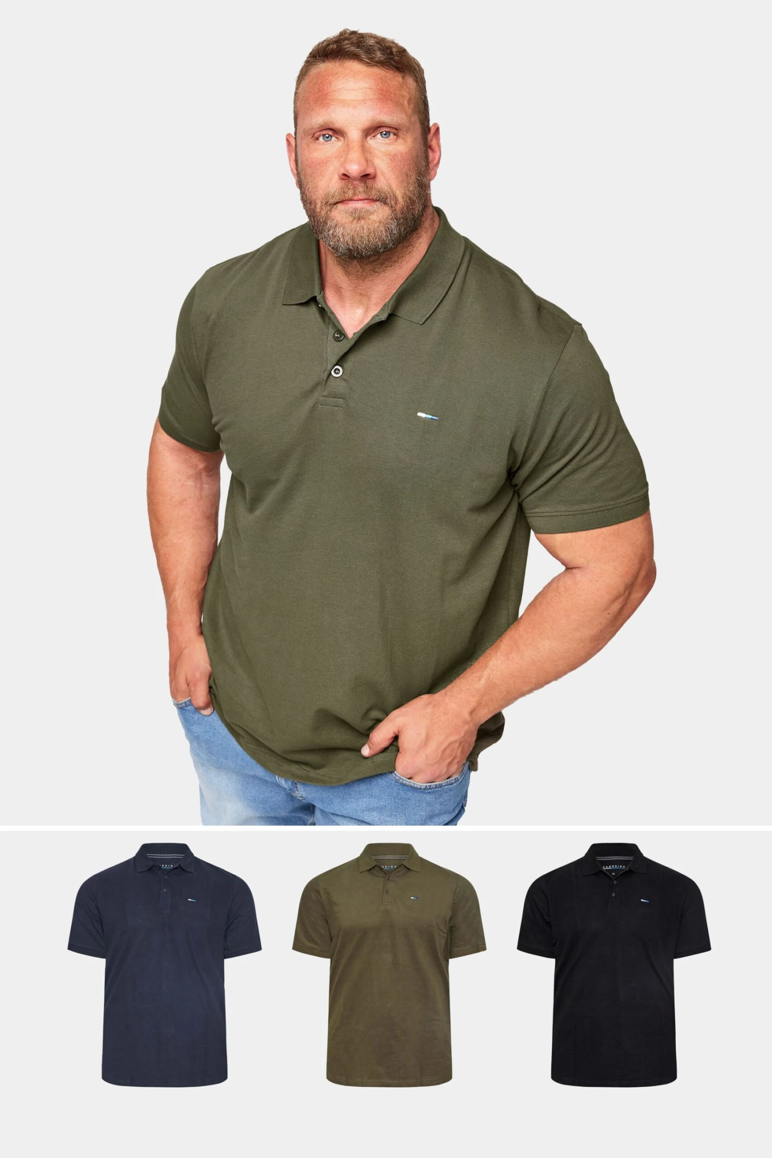 BadRhino Big & Tall Black/Navy Blue/Khaki Green 3 Pack Core Polo Shirts 1 BadRhino Big & Tall Black/Navy Blue/Khaki Green 3 Pack Core Polo Shirts