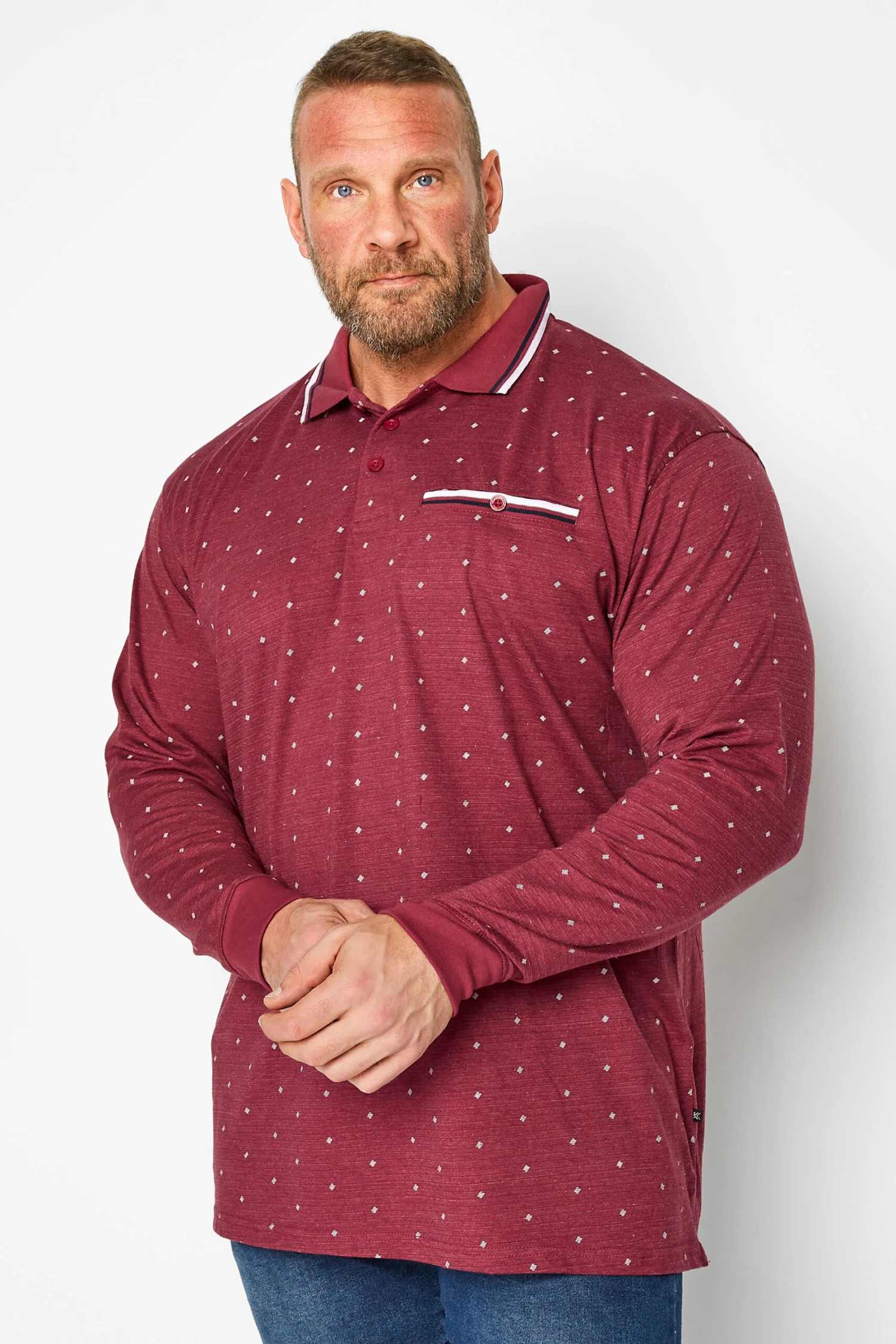 KAM Big & Tall Burgundy Red Dobby Print Long Sleeve Polo Shirt 1 KAM Big & Tall Burgundy Red Dobby Print Long Sleeve Polo Shirt