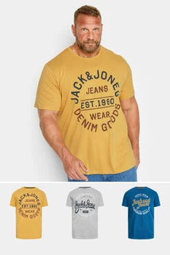 JACK & JONES Big & Tall 3 PACK Blue & Yellow Logo T-Shirts