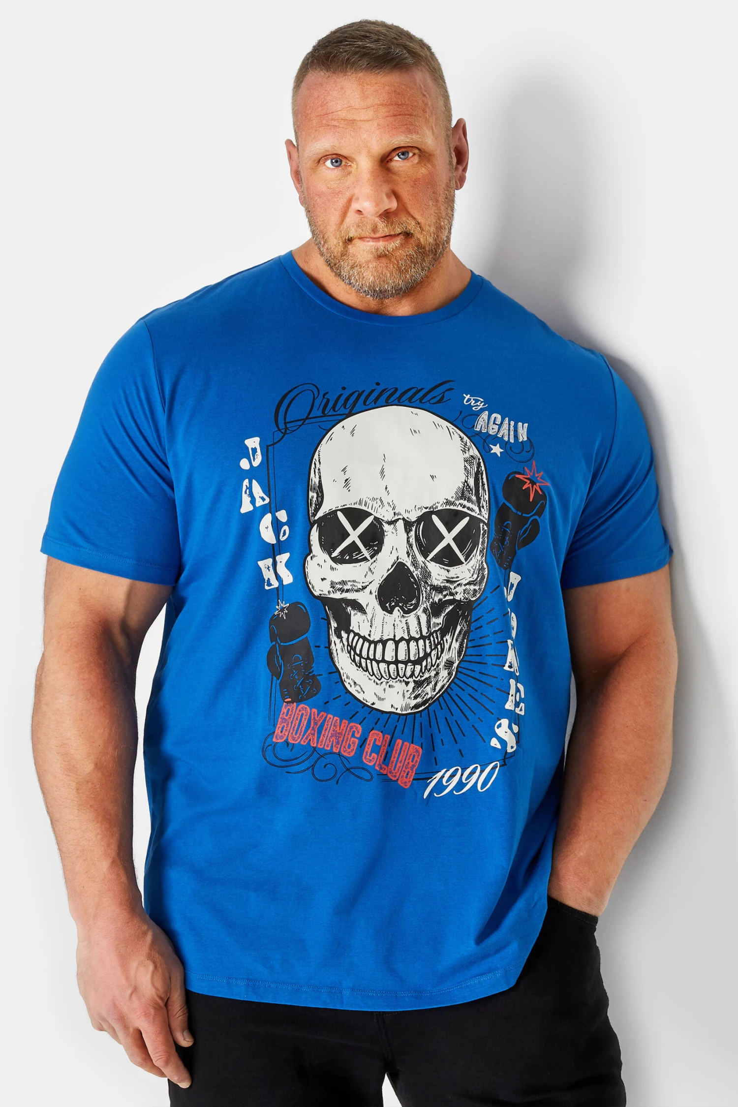 JACK & JONES Big & Tall Blue Skeleton Print 'Boxing Club' Slogan T-Shirt 1 JACK & JONES Big & Tall Blue Skeleton Print 'Boxing Club' Slogan T-Shirt