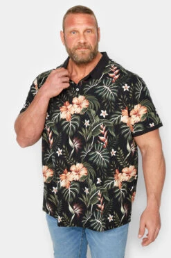 JACK & JONES Big & Tall Black Tropical Print Polo Shirt