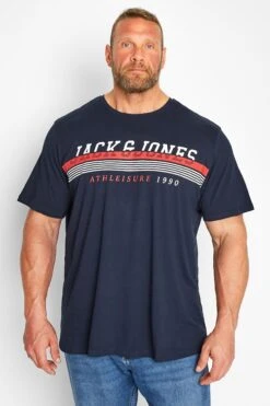 JACK & JONES Big & Tall Navy Blue Stripe 'Athleisure' Graphic Print T-Shirt