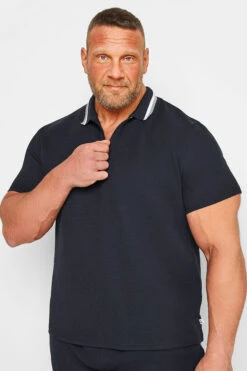 Urban Fitwear Sales 34 STUDIO A Big & Tall Navy Blue Textured Zip Polo Shirt