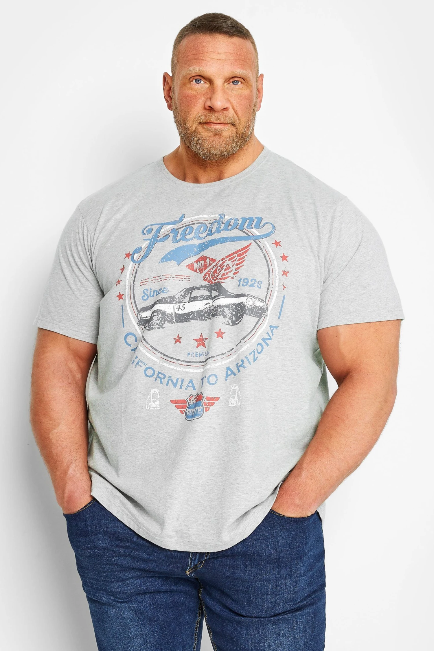BadRhino Big & Tall Grey 'Freedom' Slogan Car Print T-Shirt 1 BadRhino Big & Tall Grey 'Freedom' Slogan Car Print T-Shirt