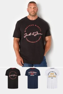 JACK & JONES Big & Tall 3 Pack Black & White Printed Logo T-Shirts