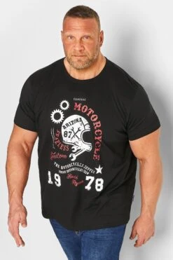 BadRhino Big & Tall Black Helmet Print 'Motorcycle' Slogan T-Shirt