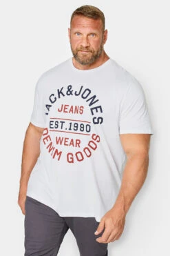 JACK & JONES Big & Tall White Logo 'Denim Goods' Slogan T-Shirt