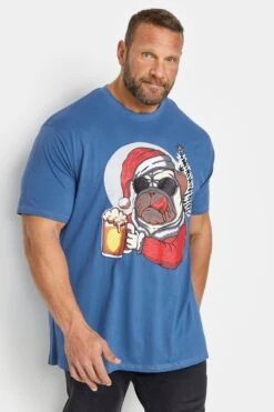 KAM Big & Tall Blue Dog Print Christmas T-Shirt