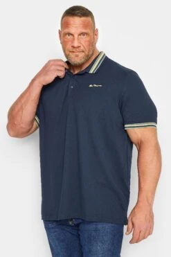 BEN SHERMAN Big & Tall Navy Blue Stripe Tipped Polo Shirt