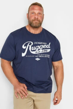JACK & JONES Big & Tall Navy Blue 'Rugged' Slogan T-Shirt