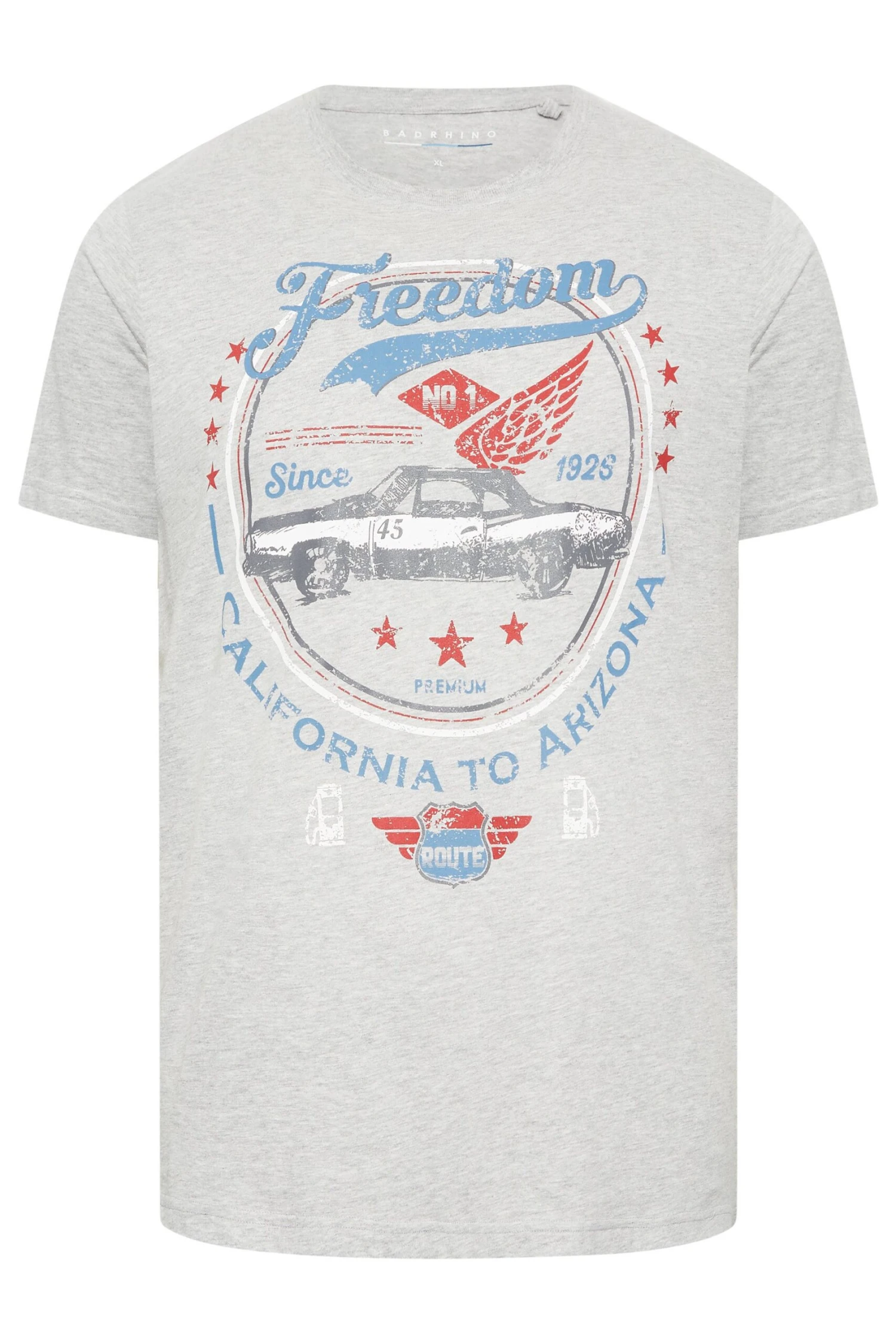 BadRhino Big & Tall Grey 'Freedom' Slogan Car Print T-Shirt 3 BadRhino Big & Tall Grey 'Freedom' Slogan Car Print T-Shirt - Image 3