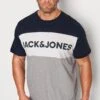 JACK & JONES Big & Tall Navy Blue & Grey Colour Block Logo T-Shirt