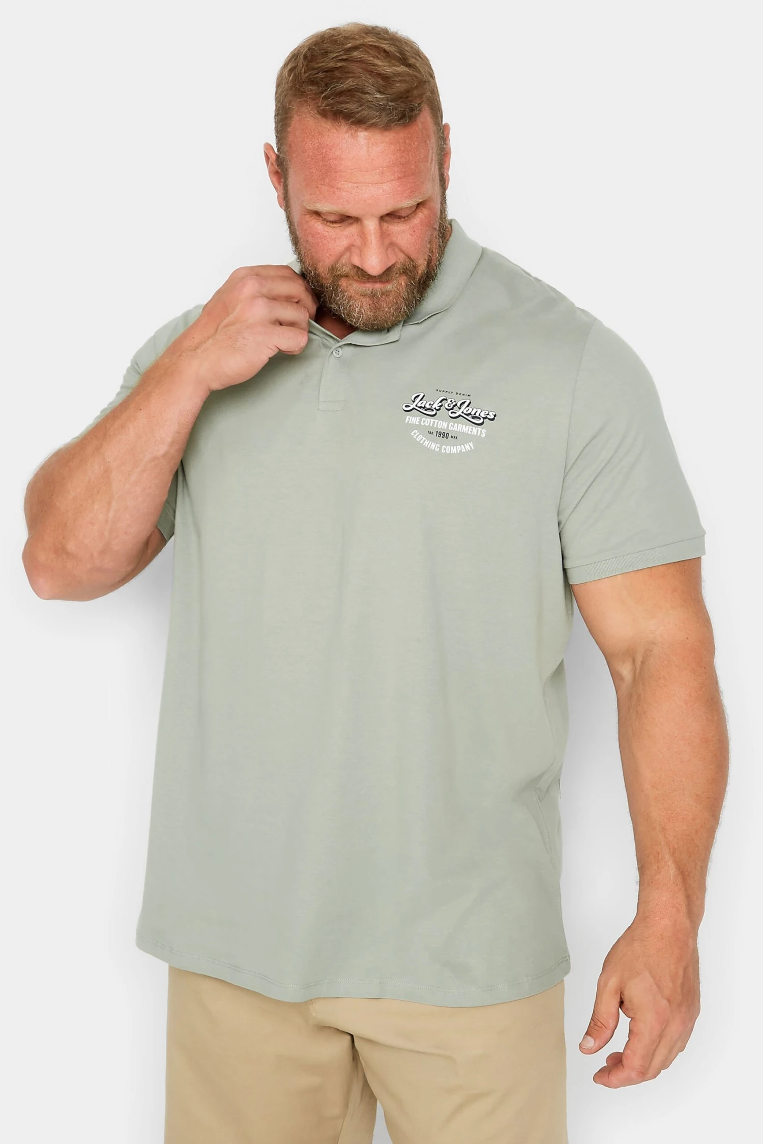 JACK & JONES Big & Tall Light Grey Logo Print Polo Shirt 1 JACK & JONES Big & Tall Light Grey Logo Print Polo Shirt