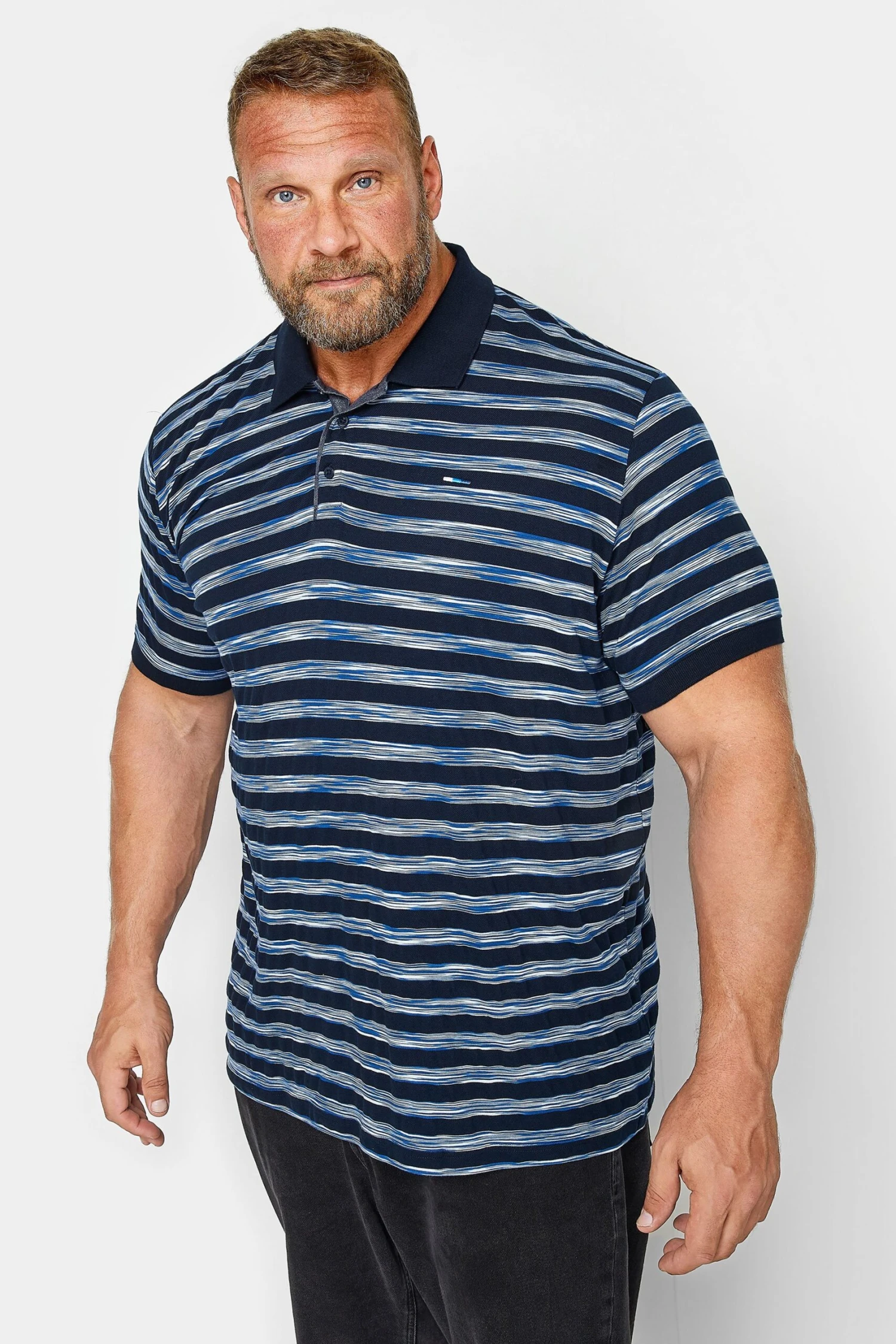 BadRhino Big & Tall Navy Blue Stripe Print Polo Shirt 2 BadRhino Big & Tall Navy Blue Stripe Print Polo Shirt - Image 2