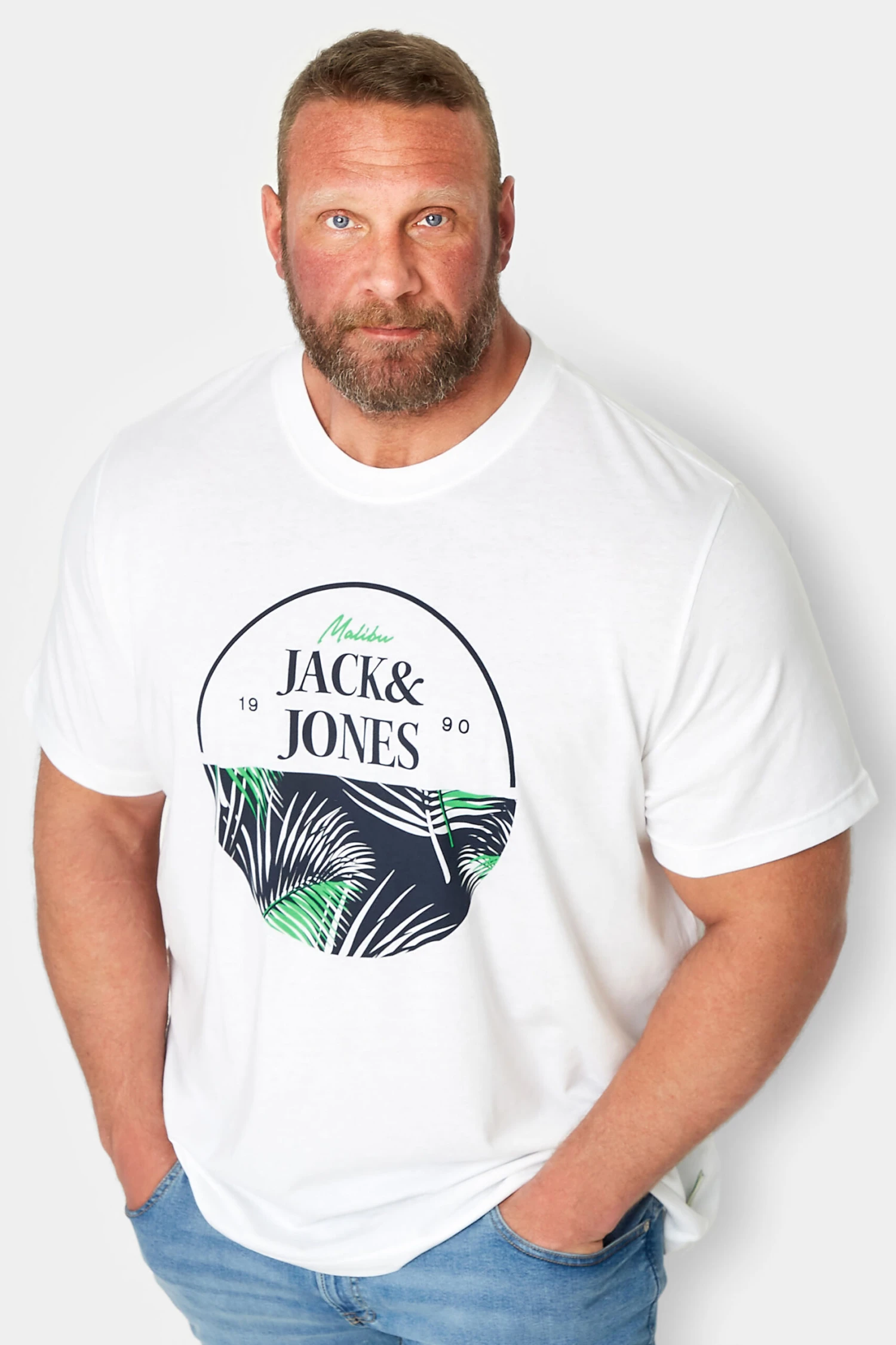 JACK & JONES Big & Tall White Logo Palm Leaf Print T-Shirt 1 JACK & JONES Big & Tall White Logo Palm Leaf Print T-Shirt