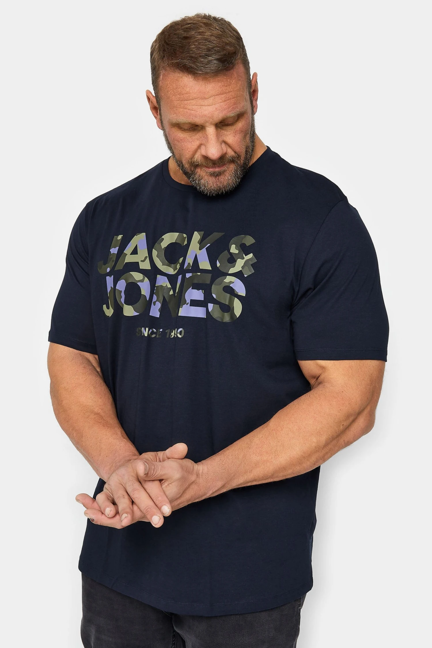 JACK & JONES Big & Tall Navy Blue Camo Logo Crew Neck T-Shirt 1 JACK & JONES Big & Tall Navy Blue Camo Logo Crew Neck T-Shirt