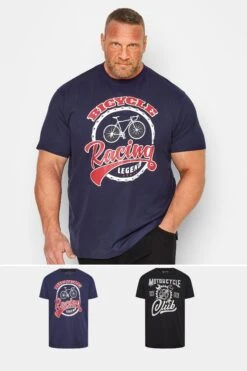 KAM Big & Tall 2 PACK Black & Navy Blue Cycle Printed T-Shirts