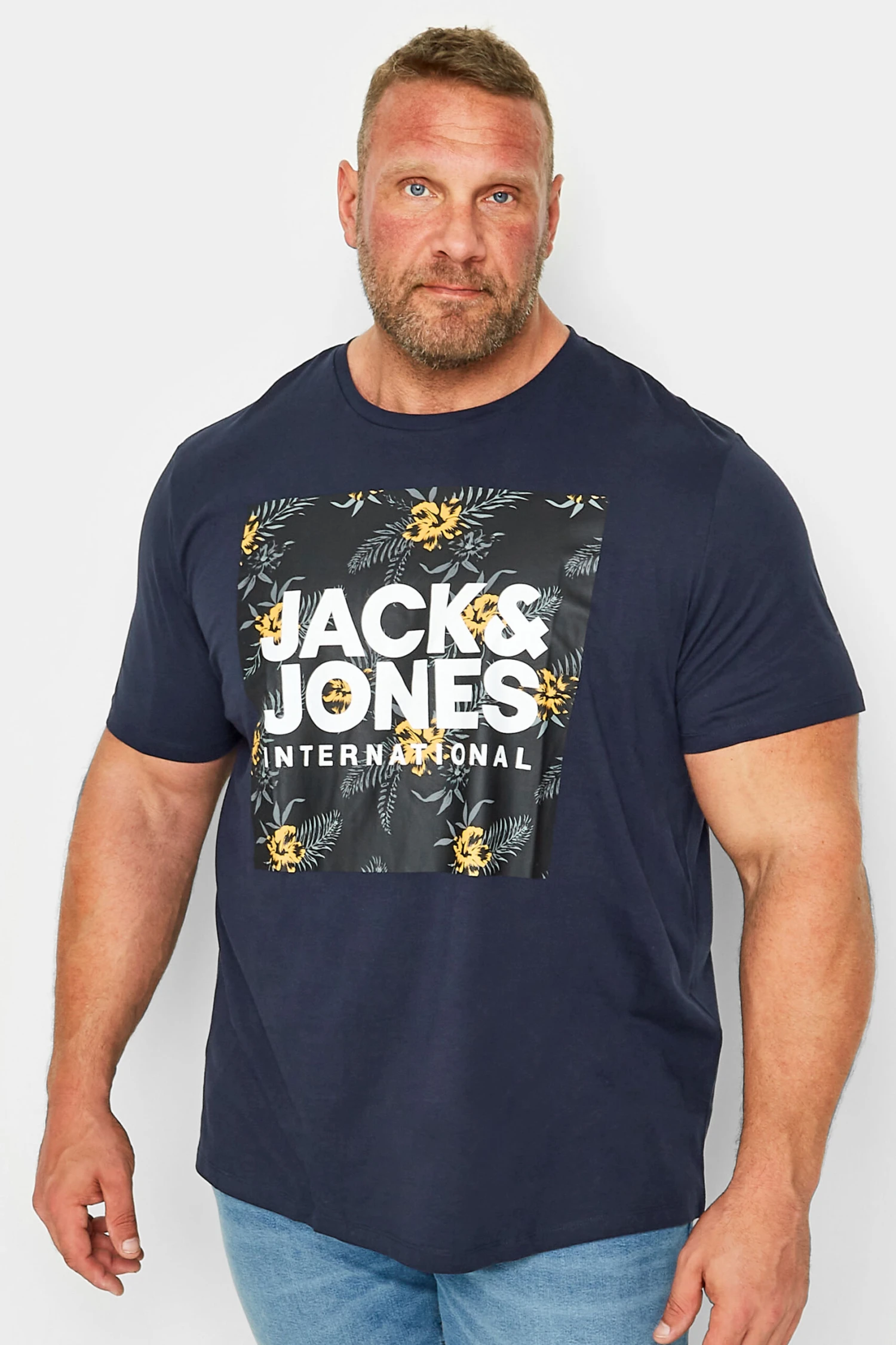 JACK & JONES Big & Tall Navy Blue Tropical Logo Print T-Shirt 1 JACK & JONES Big & Tall Navy Blue Tropical Logo Print T-Shirt