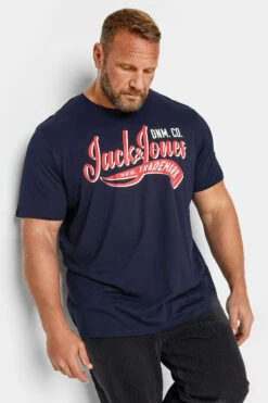 JACK & JONES Big & Tall Navy Blue Logo Print T-Shirt