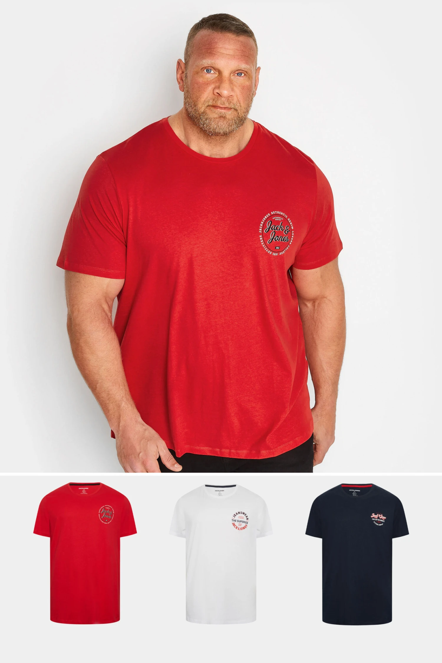 JACK & JONES Big & Tall Navy & Red 3 Pack T-Shirts 1 JACK & JONES Big & Tall Navy & Red 3 Pack T-Shirts