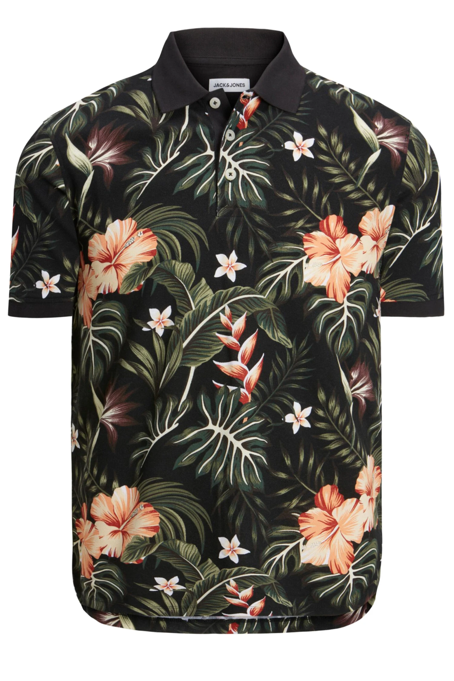 JACK & JONES Big & Tall Black Tropical Print Polo Shirt 2 JACK & JONES Big & Tall Black Tropical Print Polo Shirt - Image 2