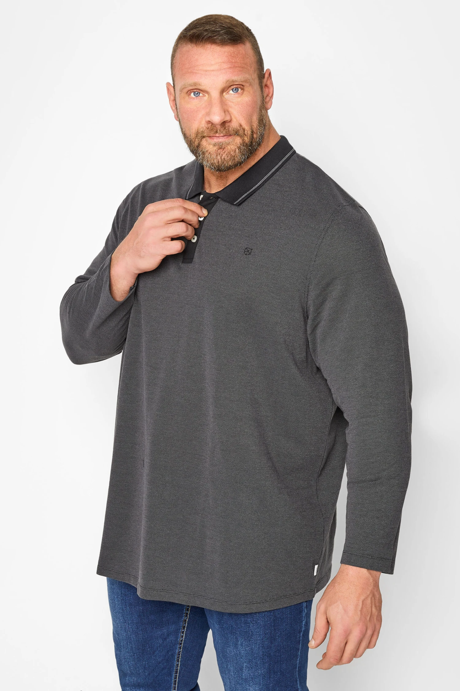 JACK & JONES Big & Tall Grey Long Sleeve Polo Shirt 1 JACK & JONES Big & Tall Grey Long Sleeve Polo Shirt