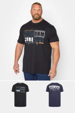 KAM Big & Tall Blue & Black 2 Pack Slogan Printed T-Shirts