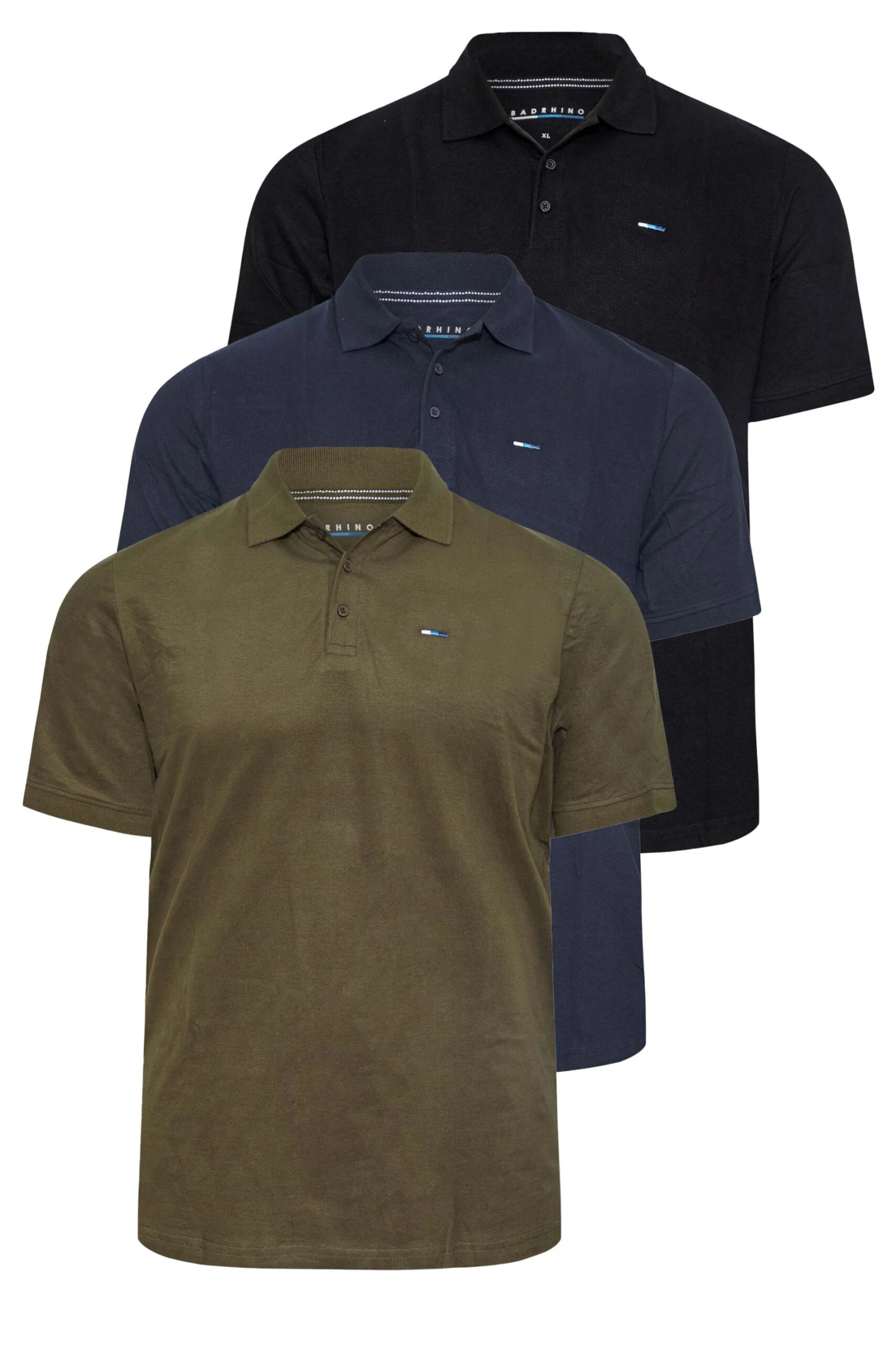BadRhino Big & Tall Black/Navy Blue/Khaki Green 3 Pack Core Polo Shirts 2 BadRhino Big & Tall Black/Navy Blue/Khaki Green 3 Pack Core Polo Shirts - Image 2