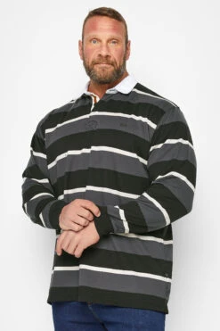 KAM Big & Tall Charcoal Grey Striped Long Sleeve Rugby Shirt