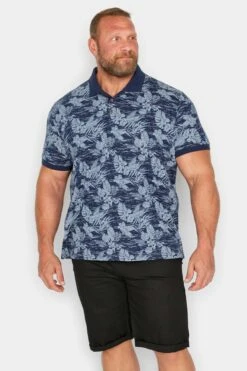 BadRhino Big & Tall Blue Leaf Print Polo Shirt