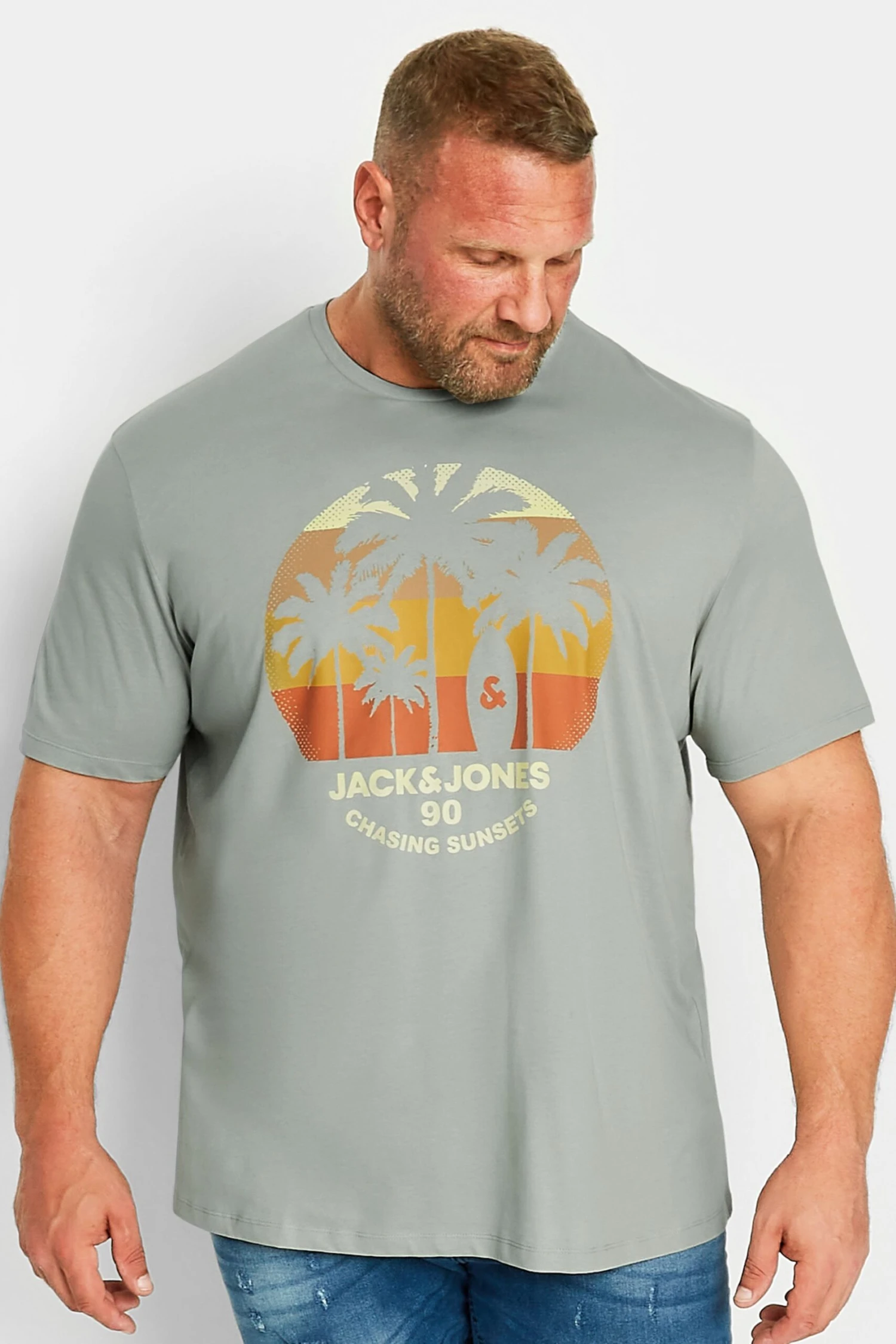 JACK & JONES Big & Tall Grey Palm Tree Logo Print T-Shirt 1 JACK & JONES Big & Tall Grey Palm Tree Logo Print T-Shirt