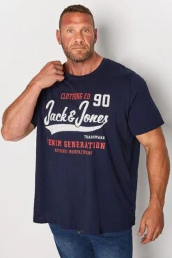 JACK & JONES Big & Tall Navy Blue Denim Logo Print T-Shirt